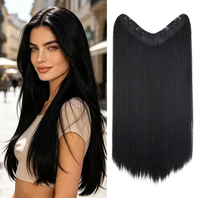 24Inch Synthetic 4-Clip V-Shaped Long Straight Hair Extension One Piece Heat-Resistant Fiber Hairpiece for Women Daily Use