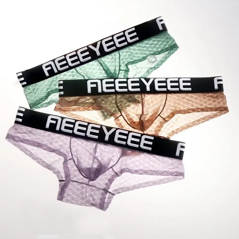 Sexy Men Underwear Ice Silk Rhombus Ultra-thin Transparent Soft Man Briefs Hip Lifting Breathable Elastic Mens Panties Low Waist