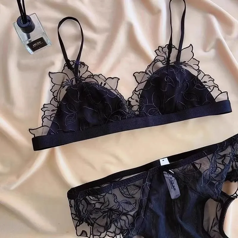 Women's French Embroidered Lace Bralette Set Ultra Thin Sexy Triangle Non Padded Wirefree Bra Small Chest Elegant Straps S-XL — image 12