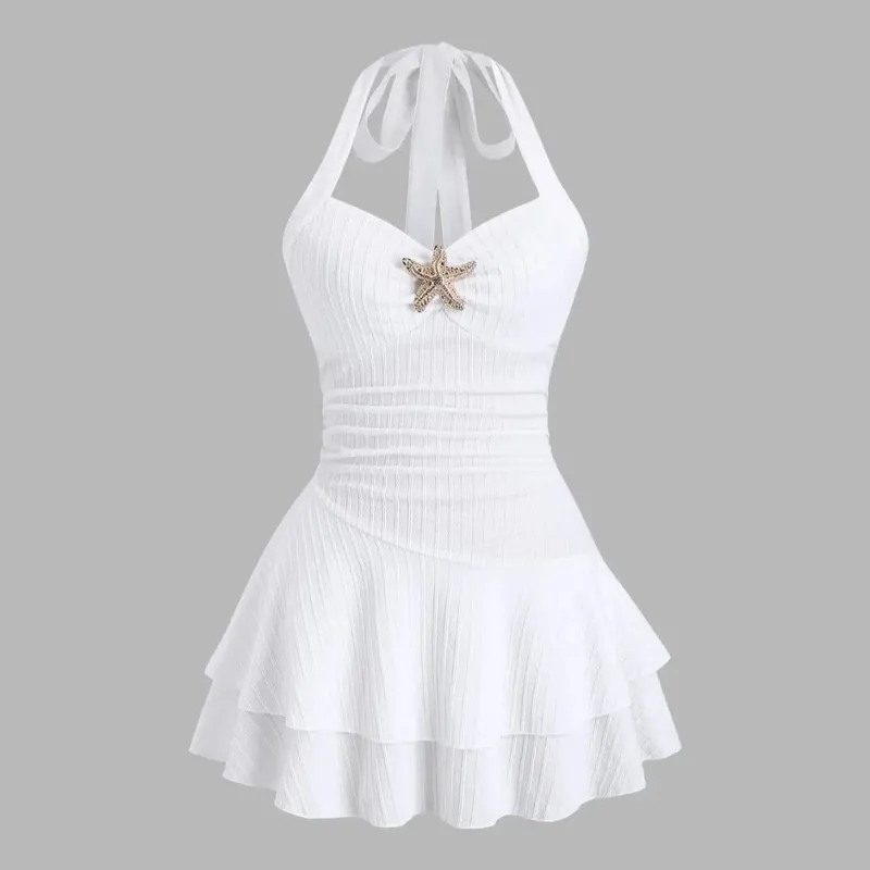 White Halter Neck Mini Dress Women's Ruffled Starfish Embellished Summer Casual Evening Gown