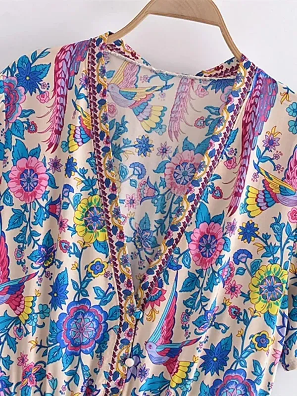 Vintage Chic Wanita Peacock Floral Print Gaun Mini Bohemian V-leher Dalam Wanita Lengan Pendek Happie Beach Boho Dress Vestidos — image 3
