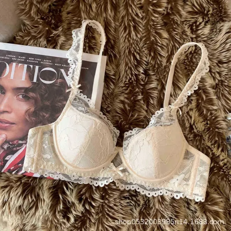 Set Lingerie Renda Lengan Flutter Prancis Wanita Bra Minimizer Punggung Cantik Seksi Bersirkulasi Cup Tipis Berkawat Lembut 32 ‑ 38