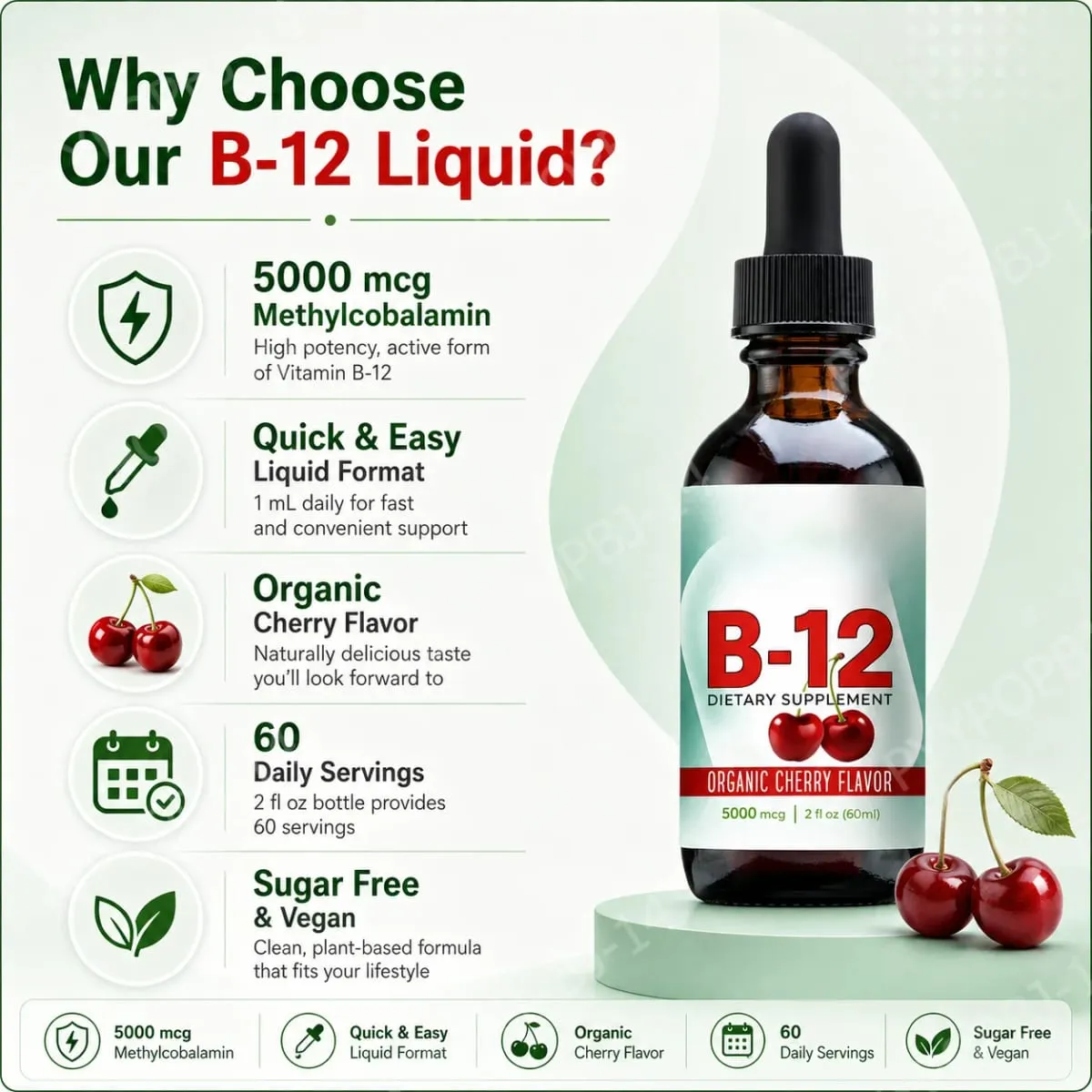 Cecair Vitamin B12 Methylcobalamin Menjatuhkan 5000 Mcg Perisa Ceri 2 Fl Oz 60 Hidangan Suplemen Harian Tanpa Gula Vegan