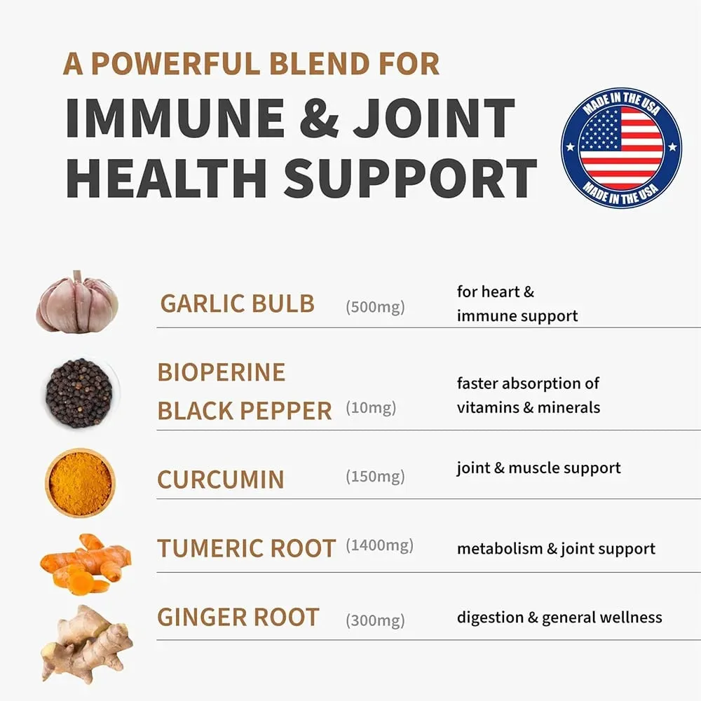 4-in-1 Turmeric and Garlic Supplements with Bioperine 2360 mg Ginger Root Capsules for Joint Digestion & Immune Health Support — image 2