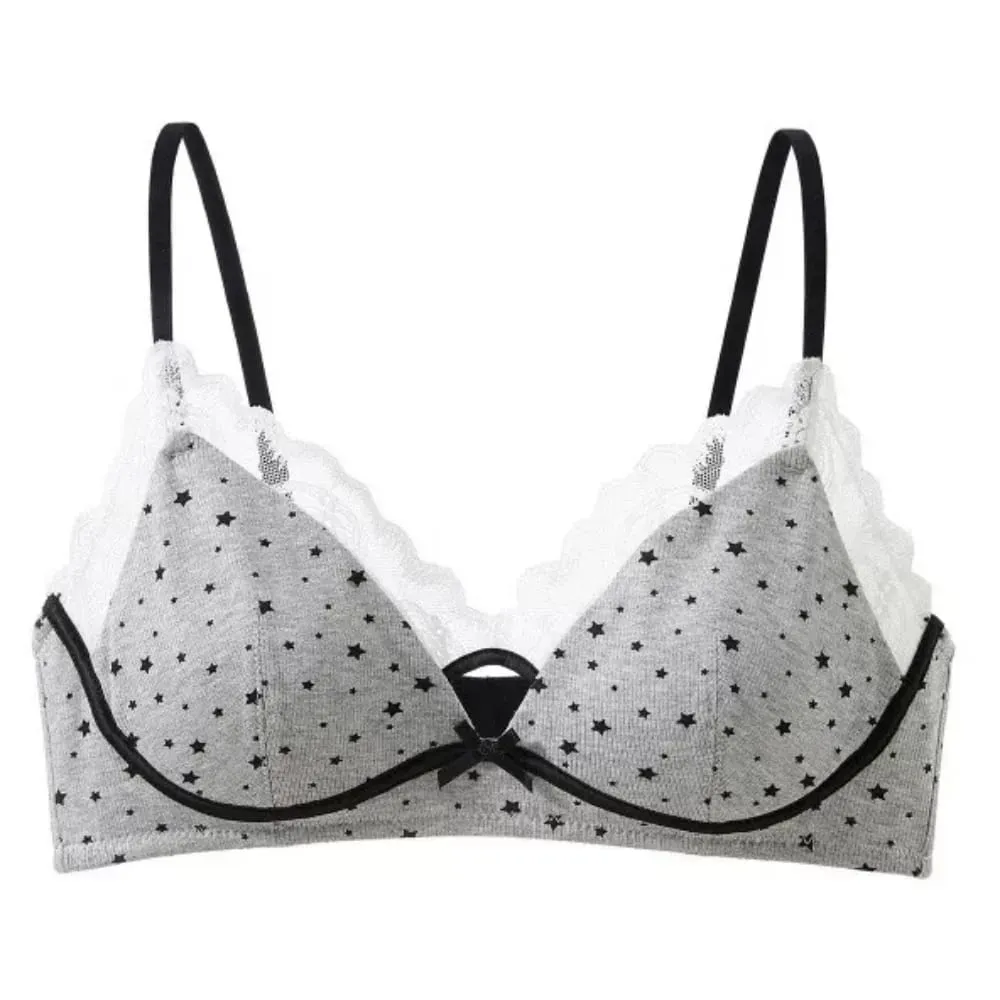 Womens Polka Dot Star Lace Wireless Bra Thin Push Up Anti Sag Bralette Small Chest Lift Teen Girls Casual Everyday Brassiere Hot
