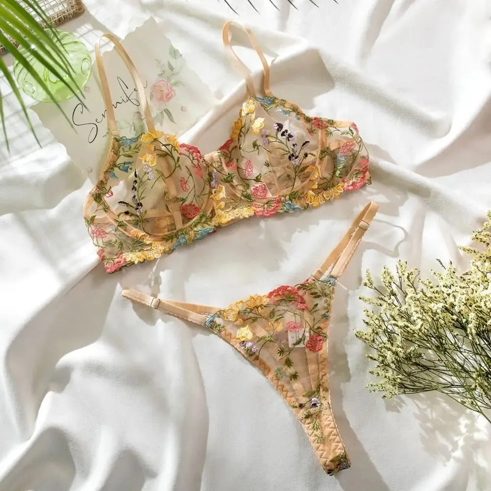 Dwuczęściowy, uniwersalny komplet bielizny w kwiaty, haftowany przezroczysty biustonosz w stylu boho, komplet majtek Intimates — image 1