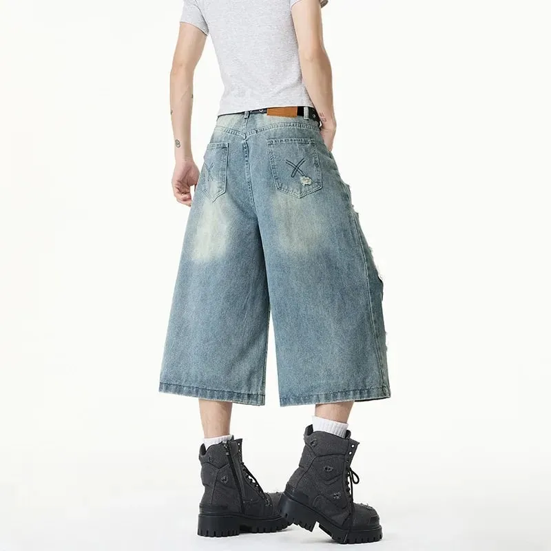 Summer Trendy Men Jeans Ripped Loose Casual Man Pants Artistic Design Cropped Long Denim Trousers — image 5