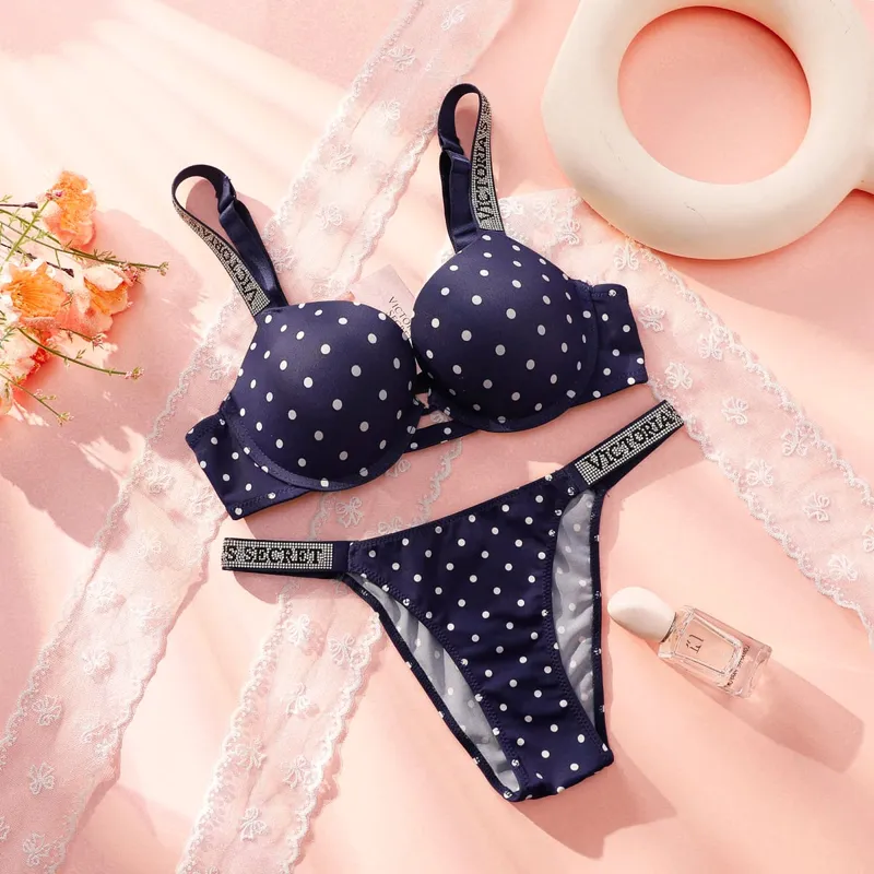 Victoria Secret Very Sexy Shine Script Polka Dot Push Up Bra Shine Script Thong Panty Set Women Sexy Lingerie Hot