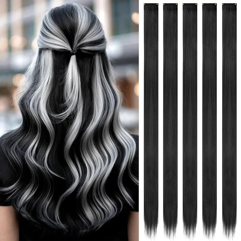 24 Inch Hair Extensions Black Straight Length Synthetic Hair Clips Party Highlights Women's Styling Hair Patches (5pcs in Blac — image 2