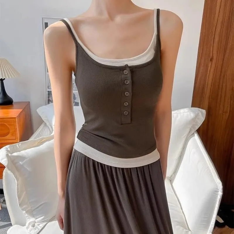 Spicy Girl Fake Two-piece Color Blocking Tank Top with Chest Pad Summer Spaghetti Strap Square Neck Button Casual Slim Fit Camis — image 5
