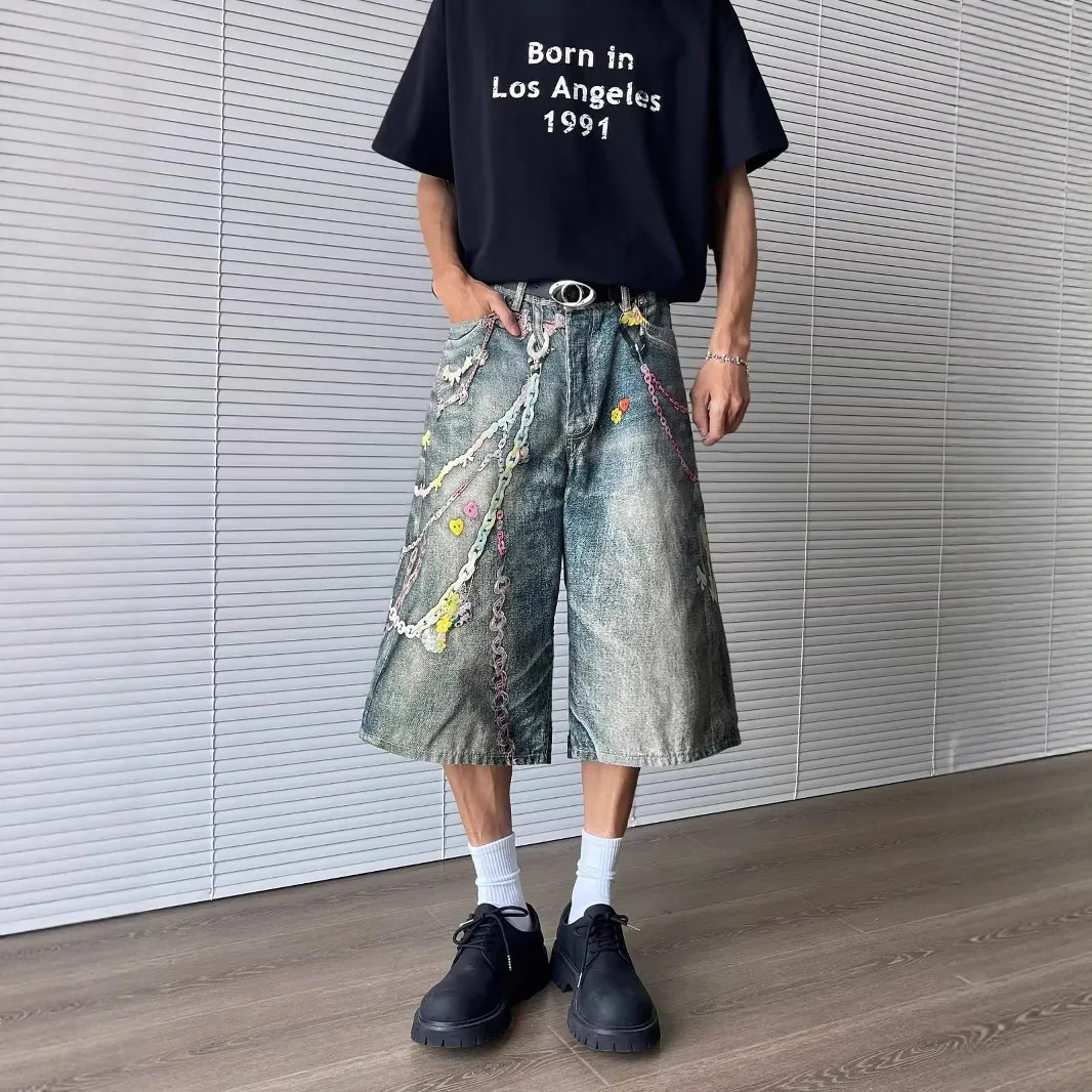 3D Print Baggy Jeans Shorts Men Streetwear Candy Chain Patchwork Summer Wide Leg Casual Loose Knee Length Pants Oversized — image 4