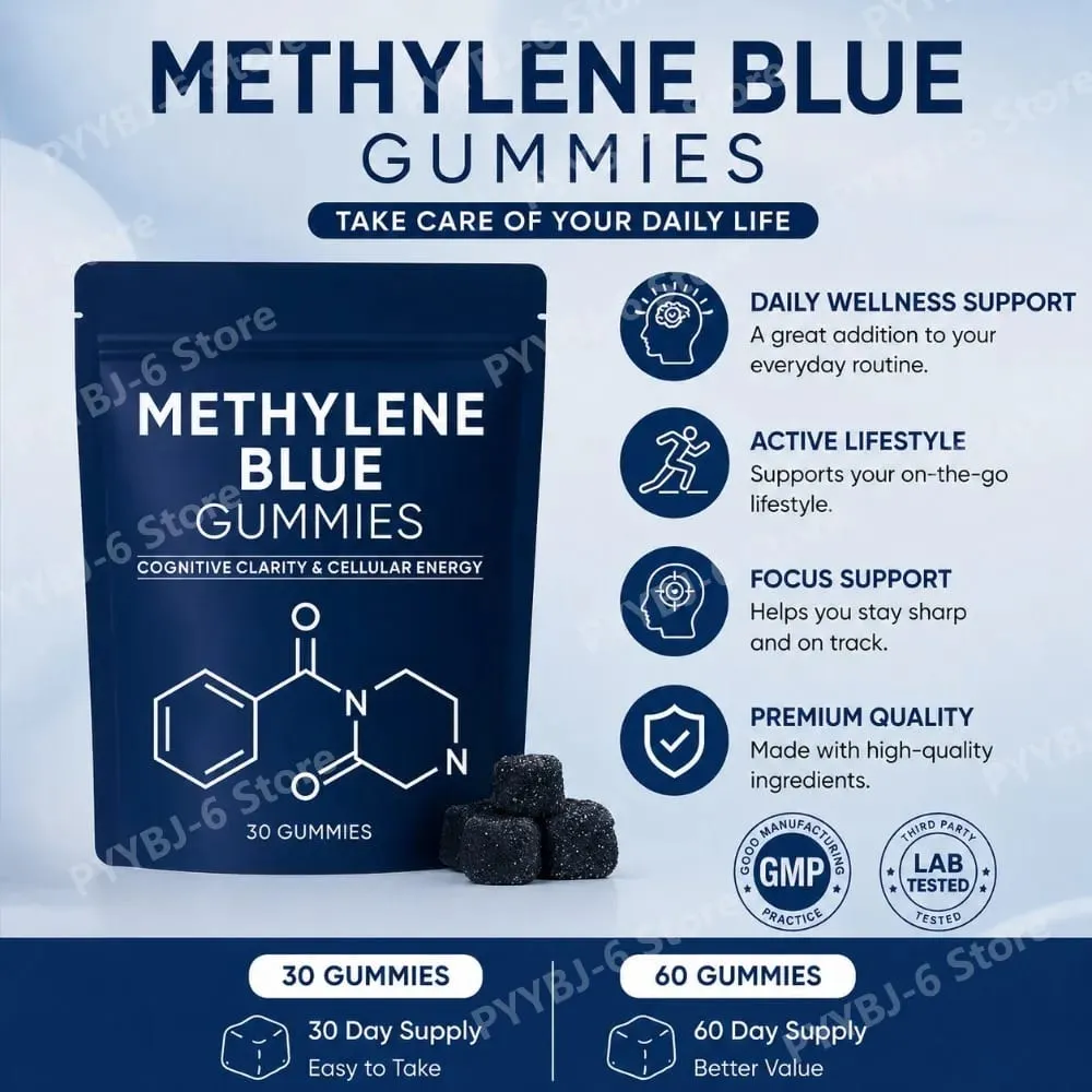 Methylene Blue Gummies Supplement 30/60pcs Focus Energy Support Vegan Non-GMO Gluten-Free Daily Nutrition Chews for Adults