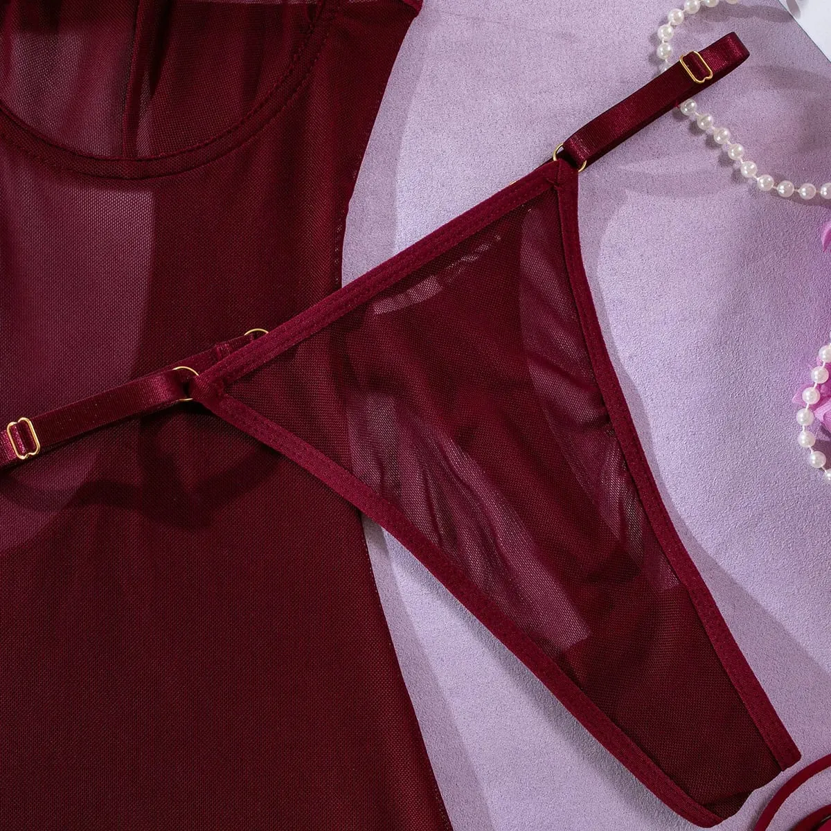 Bodysuit Perspektif Punggung Terbuka Jaring Solid Seksi dengan Sarung Tangan Tali Set Tiga Potong untuk Wanita Pakaian Dalam Wanita Tembus Pandang Setelan Intim