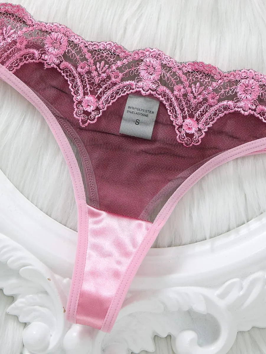Pink satin lace lingerie set - gathered half-cup bra thong panties - date-oriented sensual women's lingerie ZA825289