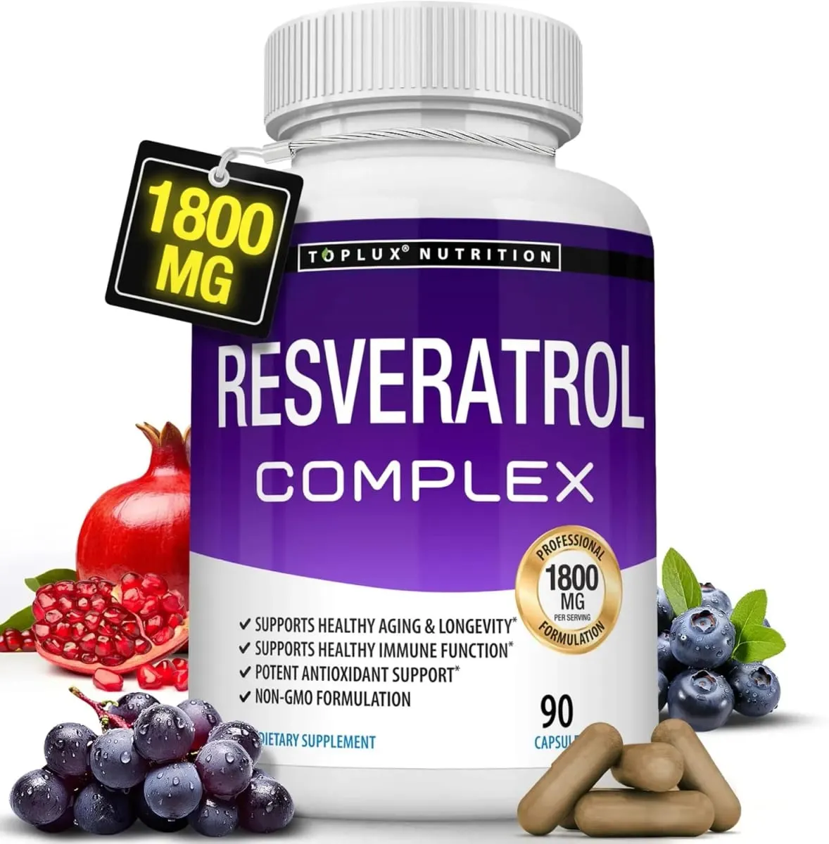 Resveratrol Complex Supplement 1800mg Antioxidant Pills for Healthy Aging Overall Health Immune System Brain Function 90 Caps — image 2