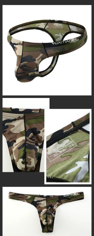 Men's Camo Print thong Gay Underwear Breathable 3D-Pouch Men G-String Bikini Elastic Waistband T-pants Seamless Male T-back