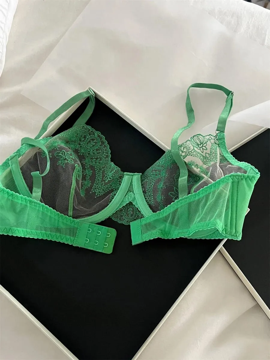 Sexy Lace Push Up Bra Set Transparent Triangle Cup & Romantic Green Lace Underwear for Women