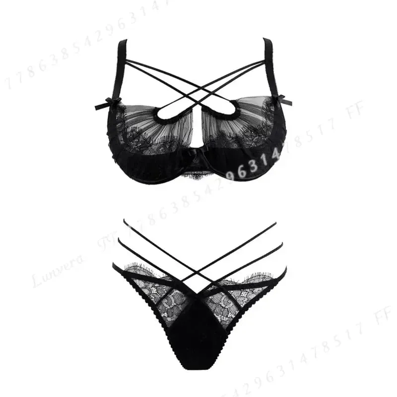 Summer Lace Embroidery Cross Tie Lingerie Set Sheer Mesh Push Up Bra Comfortable Daily Wear Underwear for Women Size 32-38 — image 4