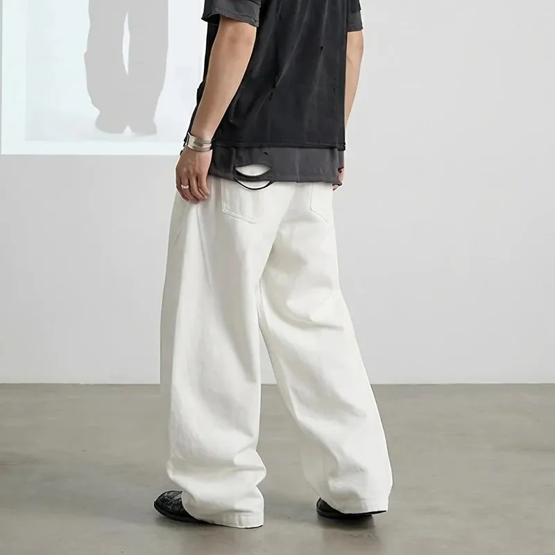 Spring American Style Double Waistband Deconstructed Men's Boot Cut White Jeans Trendy Loose Wide Leg Denim Pants 9X2187
