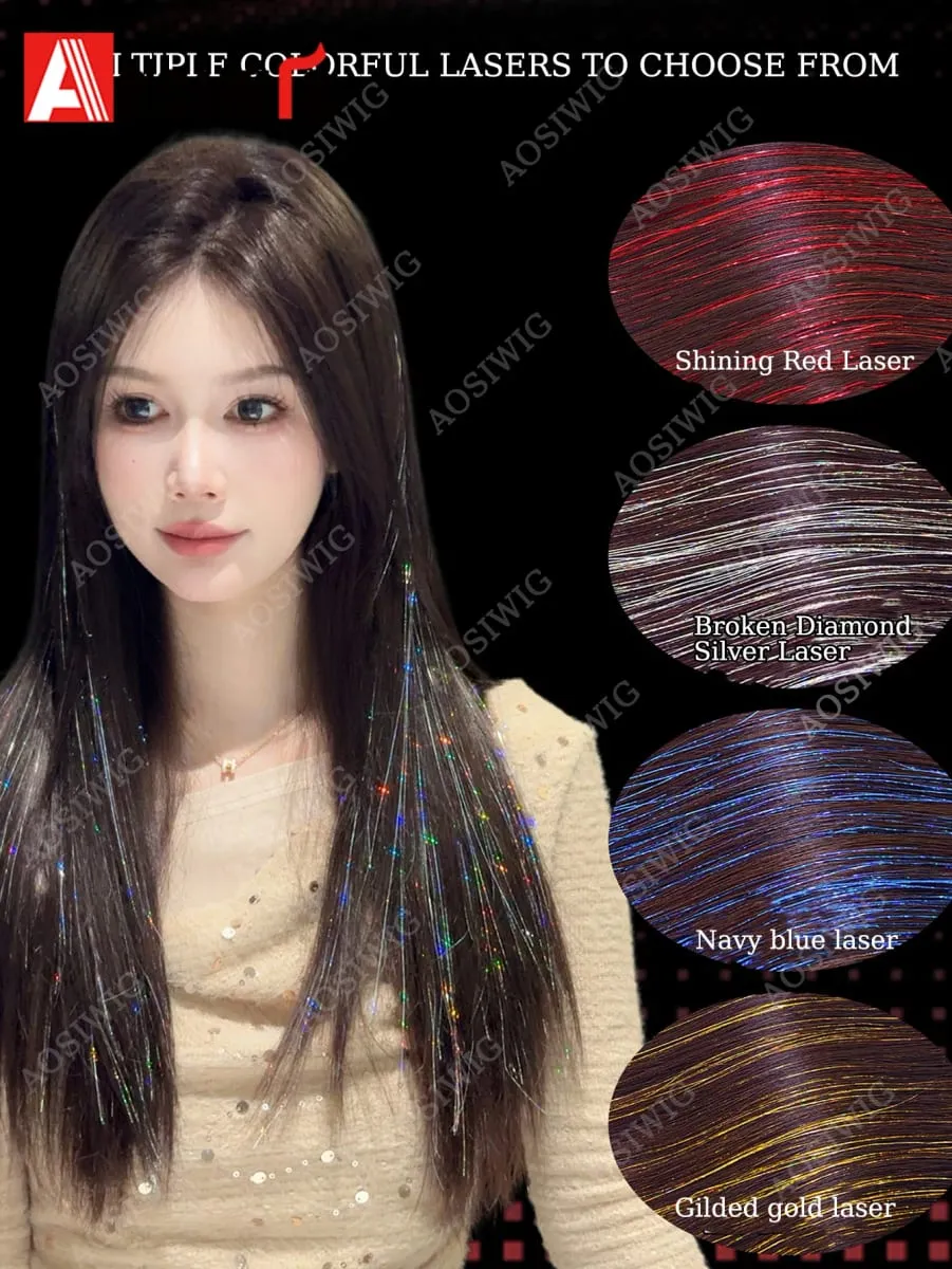 Blue Glitter Tinsel Clip in Hair Extensions One Piece Straight Synthetic Hairpiece with Sparkle Strands for Women Party Daily