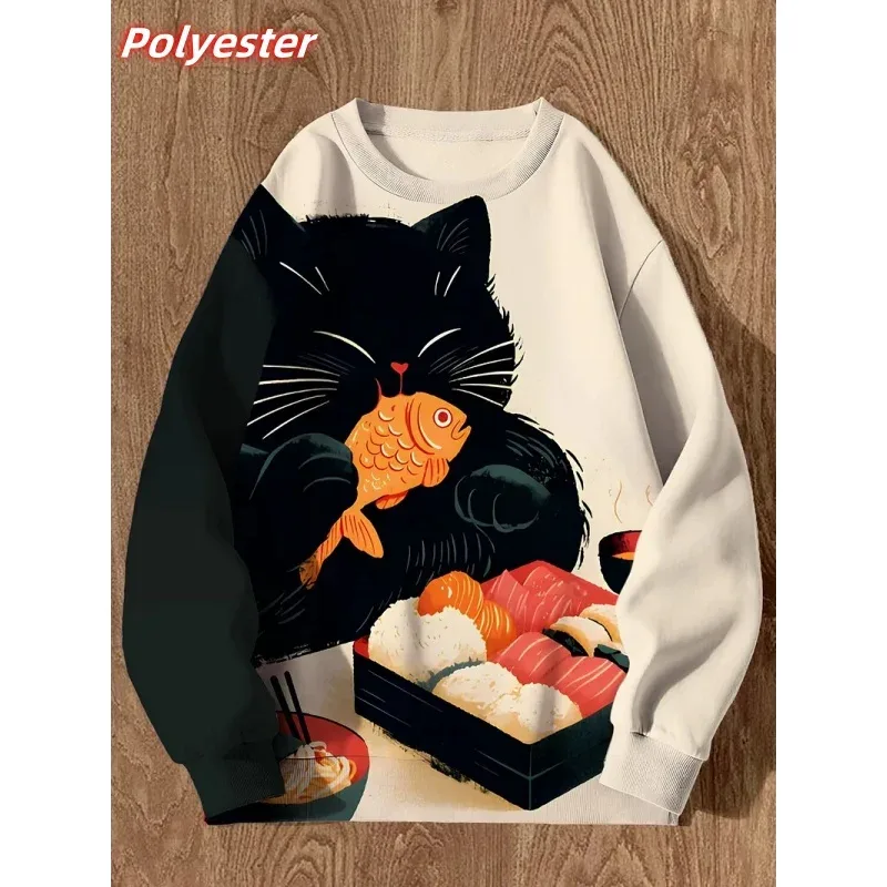 Cat Sushi Mønster Hættetrøje Til Mænd Søde Dyr 3D Printet Pullover Efterår Langærmet Løs Rund Hals Hættetrøjer Sweatshirt Toppe — image 3