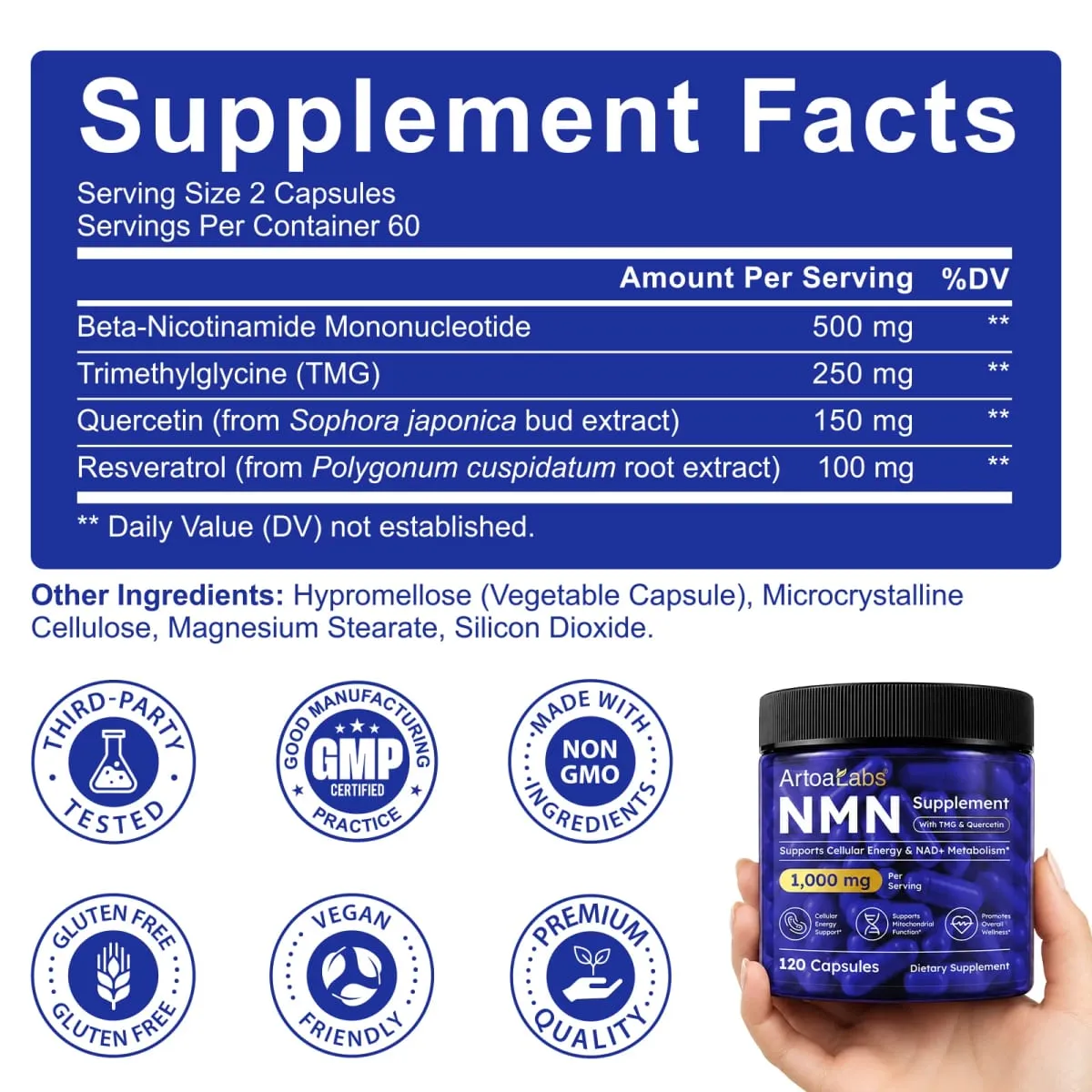 ArtoaLabs NMN Capsules 1000mg with TMG & Quercetin Supports Anti Aging DNA Repair NAD+ Metabolism Cellular Energy | 120 Count