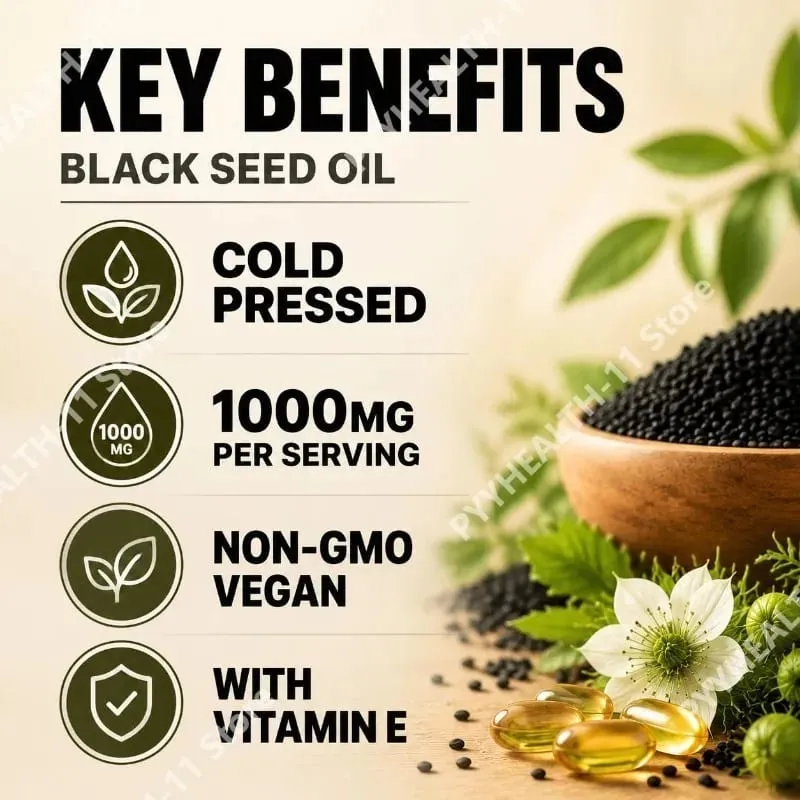 Black Seed Oil 120 Softgel Capsules with Pure Black Cumin Seed Oil 1000mg and Vitamin E - 500mg Each Skin Health Cold-Pressed — image 4