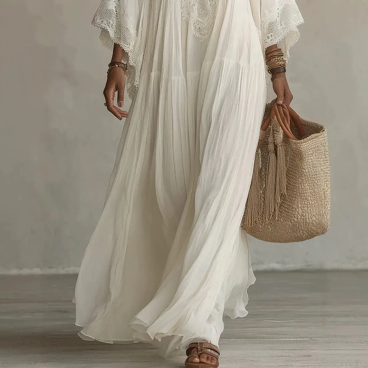 Summer Elegant Solid Dresses Womens Casual Lace Trim V Neck Flowy Maxi Dress Beach Holiday Party Maxi Dresses Robe Vestidos