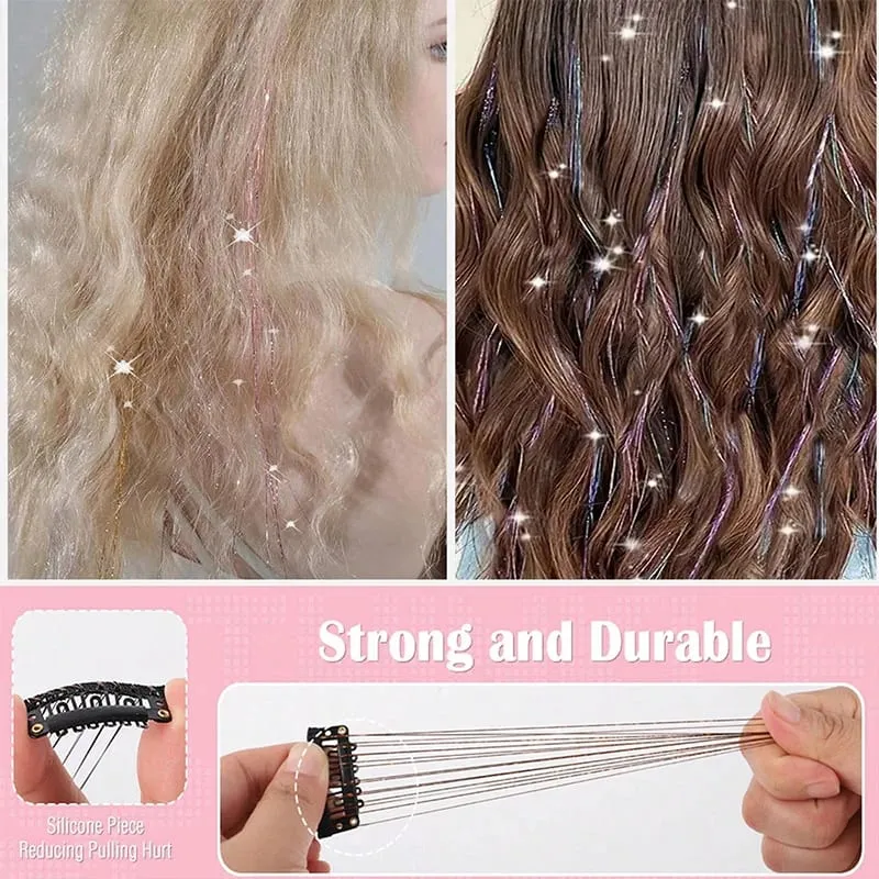12Pcs Clip Hair Tinsel Clip in Glitter Tinsel Hair Extensions Synthetic Heat Resistant Shiny Sparkle Hair Tinsel for Women Girls