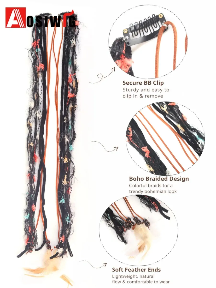 Synthetic Boho Braided Hair Extensions for Women Clip In Festival Hairpiece with Beads Feathers Hippie Hair Accessories