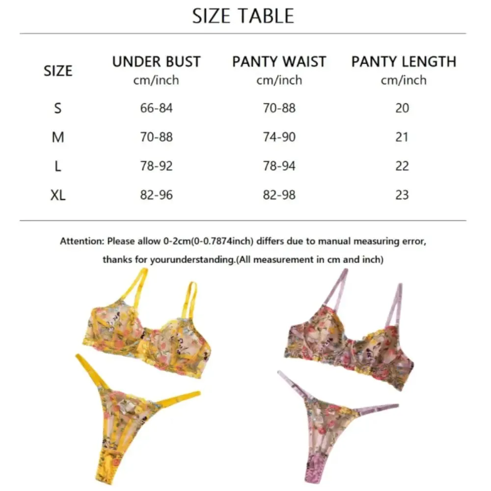 2-Piece Bohemia Floral Lingerie Set Sheer Versatile Underwear Intimates Underwire Push-up Embroidery Bra Panty Set For Lady Girl