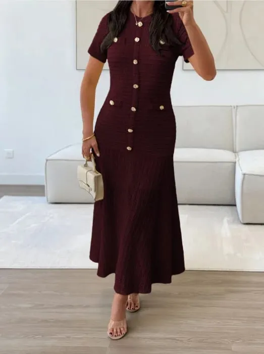 Women's Solid Color Midi Dress Short Sleeve Gold Button Decorated Fitted Flared Hem Gown Elegant Retro Outfit Dating & Parties — image 8