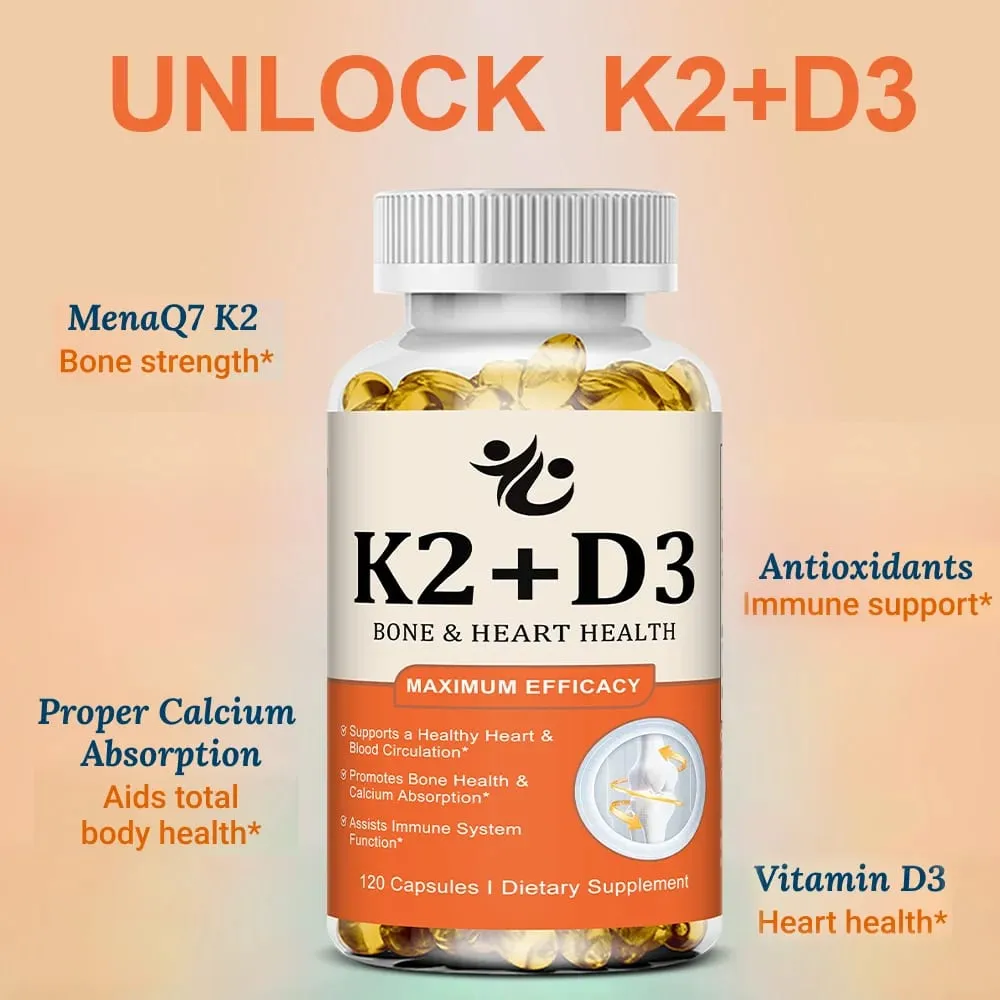 Vitamin D3 + K2 Capsules Support Calcium Absorption Bone & Joint Wellness Cardiovascular Function and Immune System Health — image 2