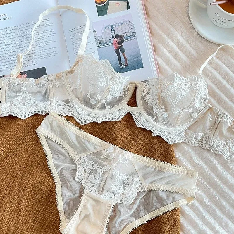 Embroidered Bralette & Panty Set for Women Ultra-Thin Comfort Underwire Support Large Size Lingerie