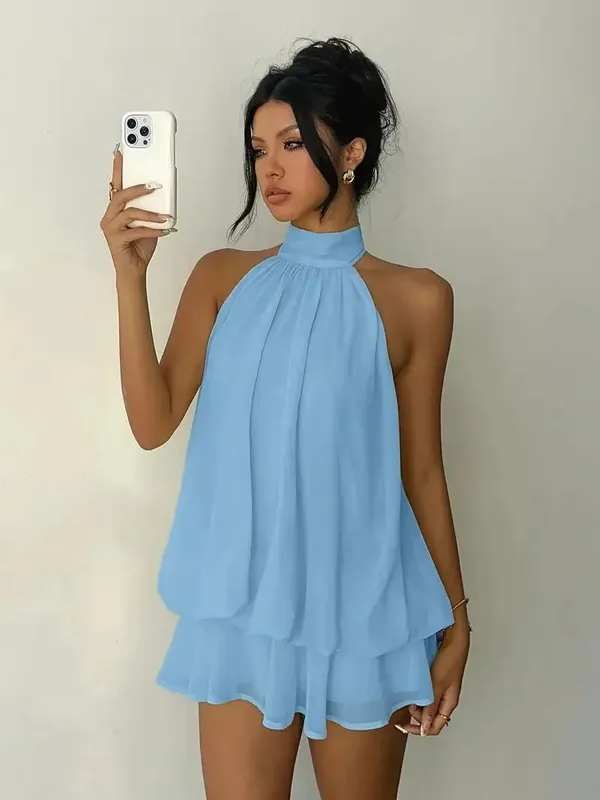 Women's Halter Neck Dress Backless Tie-Front Chiffon Sheer Mini Skirt Fashionable Sexy Y2K Vintage Cute Party Birthday Dress