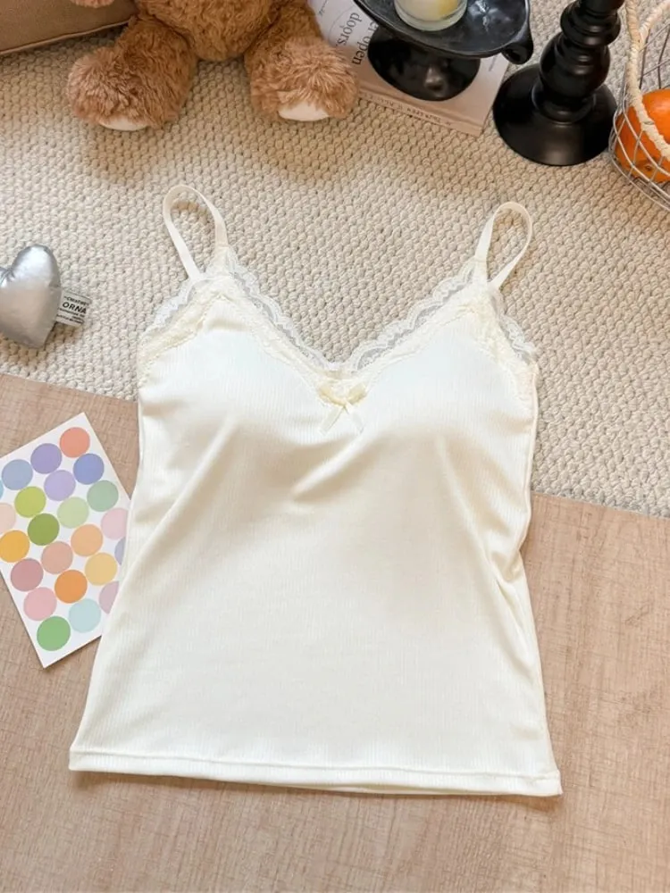 Spaghetti Strap Camis 2026 Summer Lace Ribbed Women Tank Top With Built In Bra Pads Slim Fit Crop Top For Inner & Outer Wear