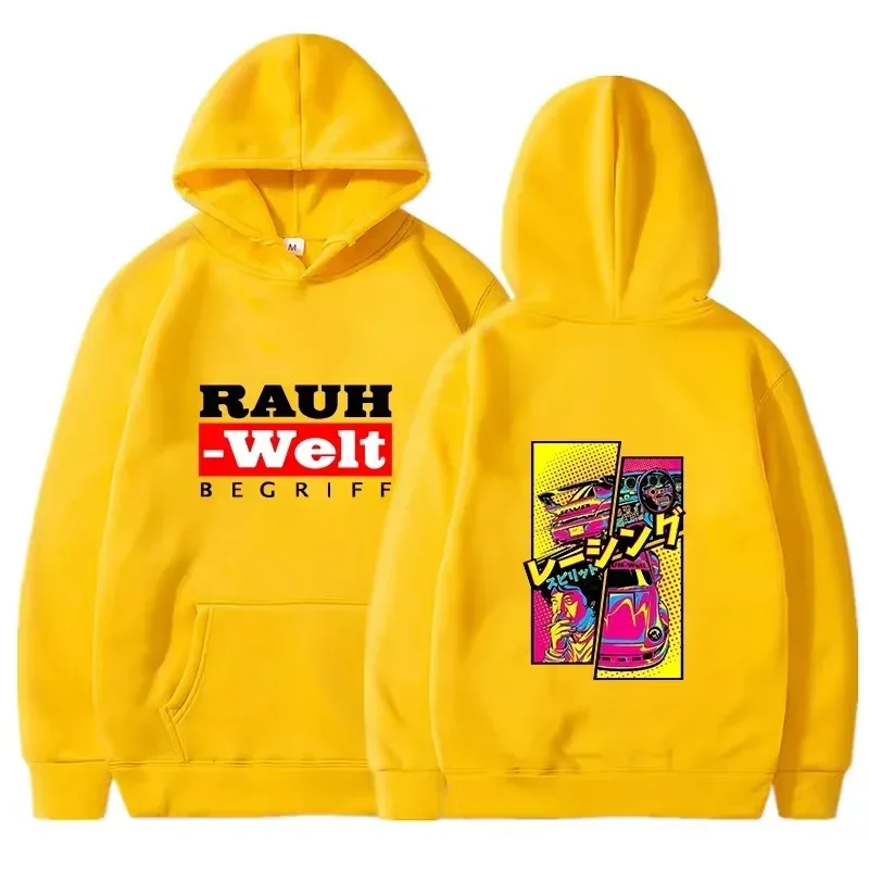 Rauh Welt Hoodie Car Widebody Tuning JDM Racing Pop Art Komik Estetik Hitam Bersaiz Besar Baju Kasual Lengan Panjang