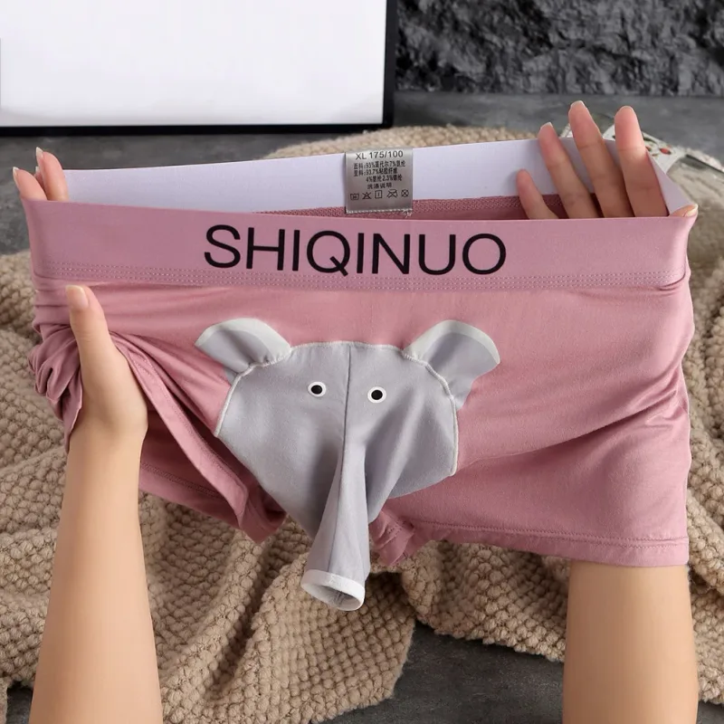 Herren-Boxershorts mit süßem Elefantenmuster, elastisch, mit Buchstaben-Taille, 3D-Beutel, weich, atmungsaktiv, für den täglichen Schlaf, zu Hause, lässig, bequem, Unterwäsche