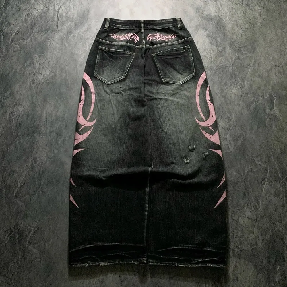 Men's Mottled Totem Print Jeans American Style Old Washed Wide Leg Retro Loose Fashion Trend Wide Leg Jeans Goth Pant Y2K Unisex