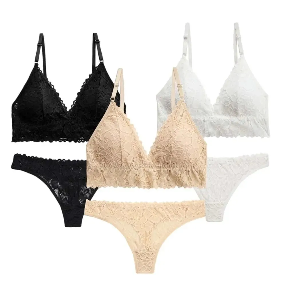 Fashion V Neck Lace Flower Bra Set Thong Solid Color Floral Panties Bra Kit T-Back Lingerie Lace Underwear Valentine's Day Gift