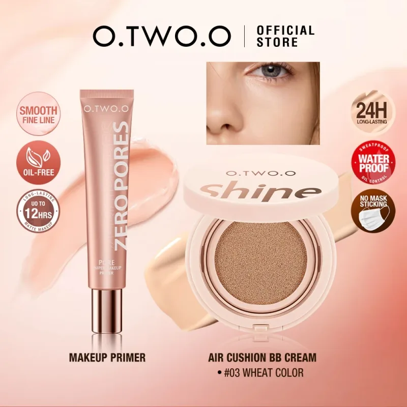 O.TWO.O 2pcs Face Makeup Set Primer Air Cushion BB Cream Invisible Oil-control Pore Soft Focus Long-lasting Brightskin Cosmetics