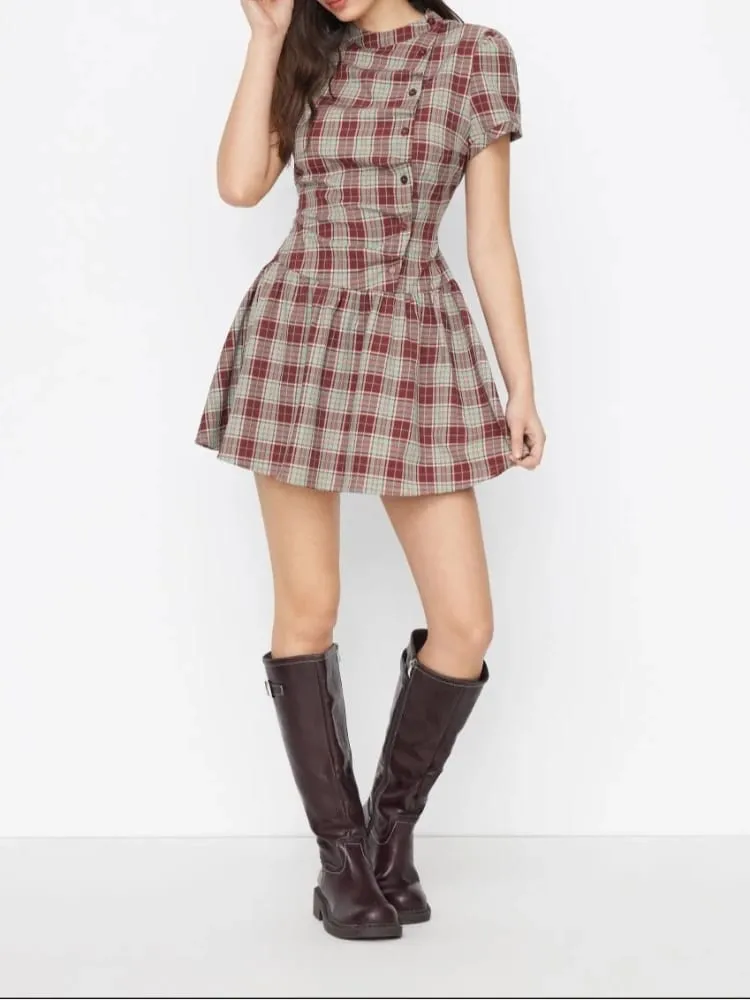 Women's Vintage Plaid A-Line Dress Short Sleeve Stand Collar Button down Pleated Mini Dress Casual Elegant Fashion — image 7