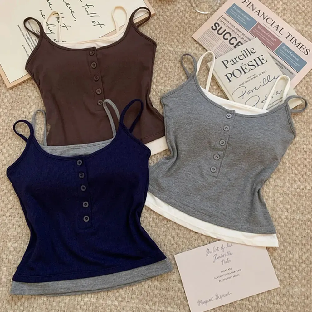 Casual Layered Fake Two-Piece Tank Top Y2K Ribbed Knit Button Cami Slim Fit Sleeveless Vest Top With Chest Pad For Daily Wear — image 2