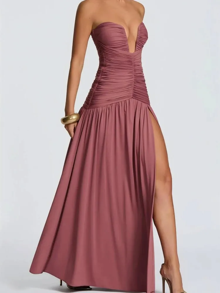 Women Elegant Deep V-neck Pleated Strapless Dress Chic Off-shoulder Backless Split Maxi Dresses 2026 Lady Evening Party Vestidos — image 5