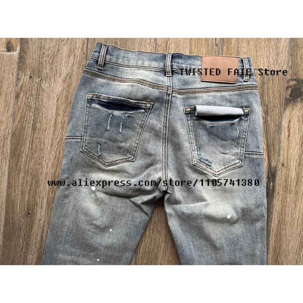 American High Street Quality Distressed Washed Light Blue Destroyed Holes Stretch Skinny & Slim Fit Spray Painted Ripped Jeans