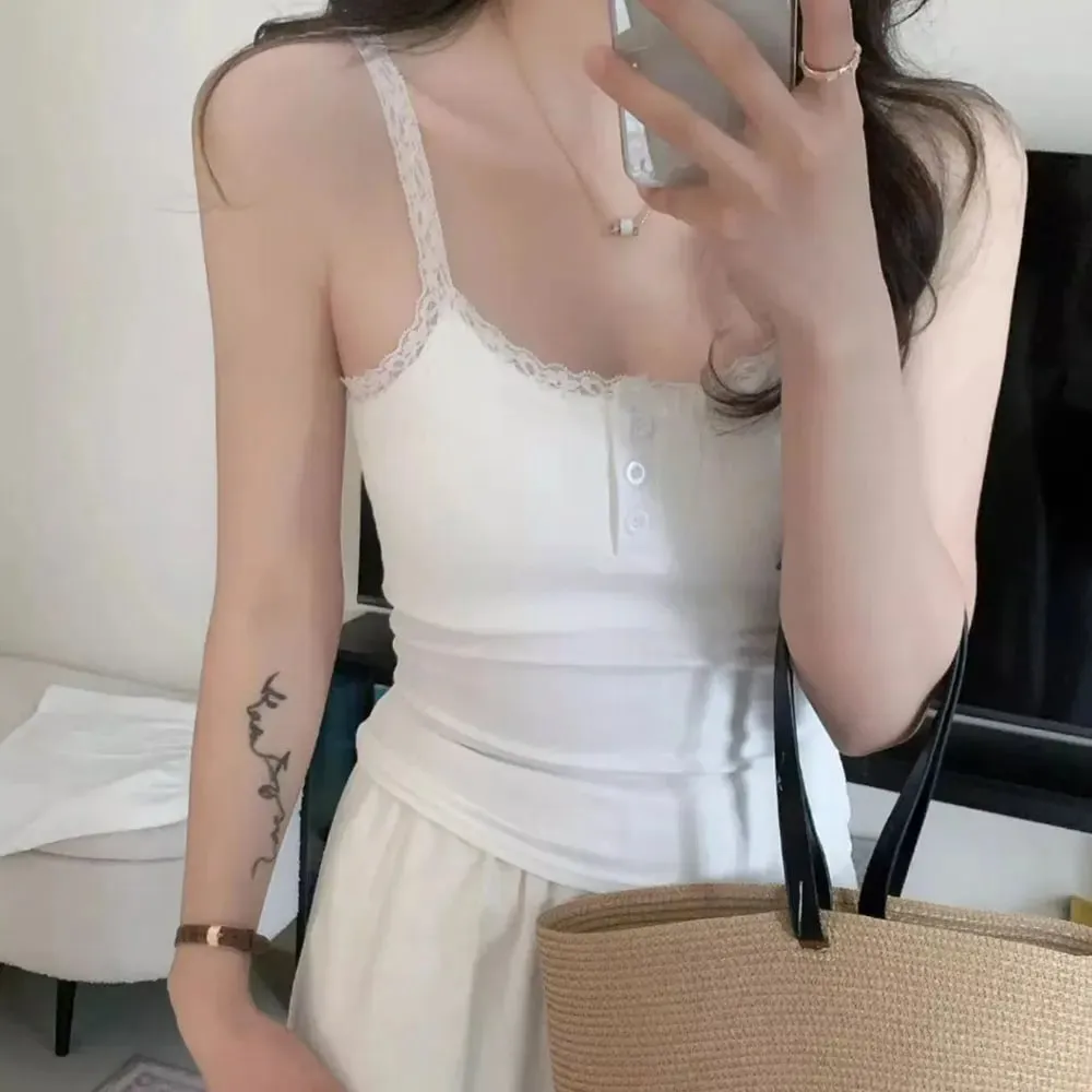Y2K Lace Trim Spaghetti Strap Cami Top Button?Front Ribbed Knit Slim Fit Sleeveless Crop Camisole Women Casual Basic Tank Top — image 11