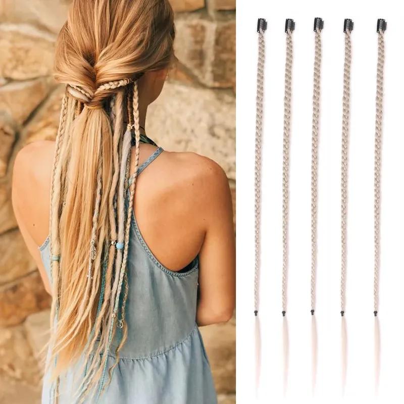Synthetic 5 Pcs/Lot Clip-in Extension Para sa Babae Ponytail Rainbow Braid Hair Extension 22'' Ombre Hairpiece Box Braid na May Clip — image 2