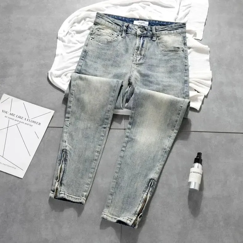 Cargo Old Retro Light-colored Trousers Zipper Jeans Men's New Trendy Elastic Slim-fitting Small-footed Trousers Denim Man Pants