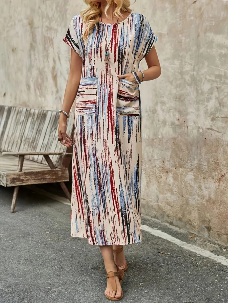 Elegant Directional Round-Neck Double Pocket Colored Stripe Long Summer Dress — image 4