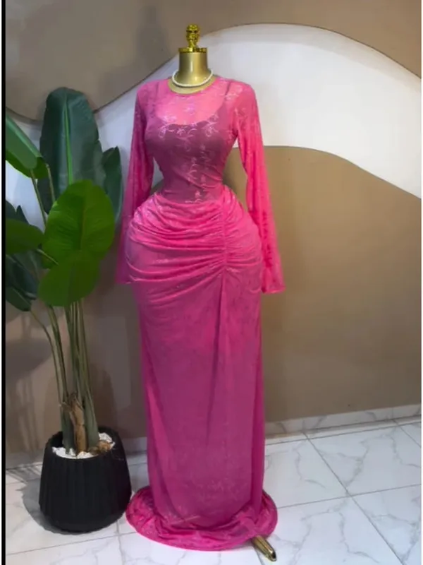 CM.YAYA Women Long Sleeve Stacked Mesh See Though with Lining Bodycon Long Dress 2025 Autumn Evening Birthday Sexy Party Dresses — image 6